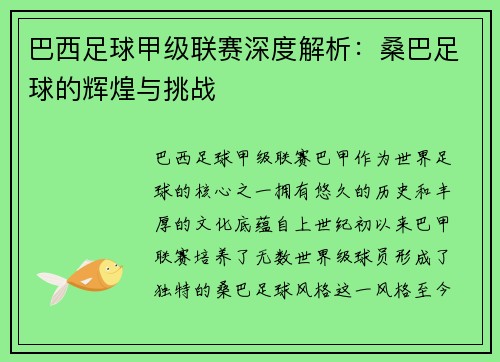 巴西足球甲级联赛深度解析：桑巴足球的辉煌与挑战